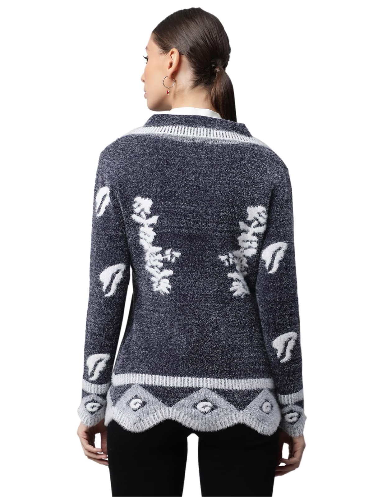 Women Navy Floral & Furry Regular Fit Cardigan