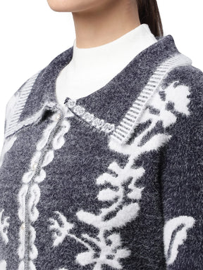 Women Navy Floral & Furry Regular Fit Cardigan