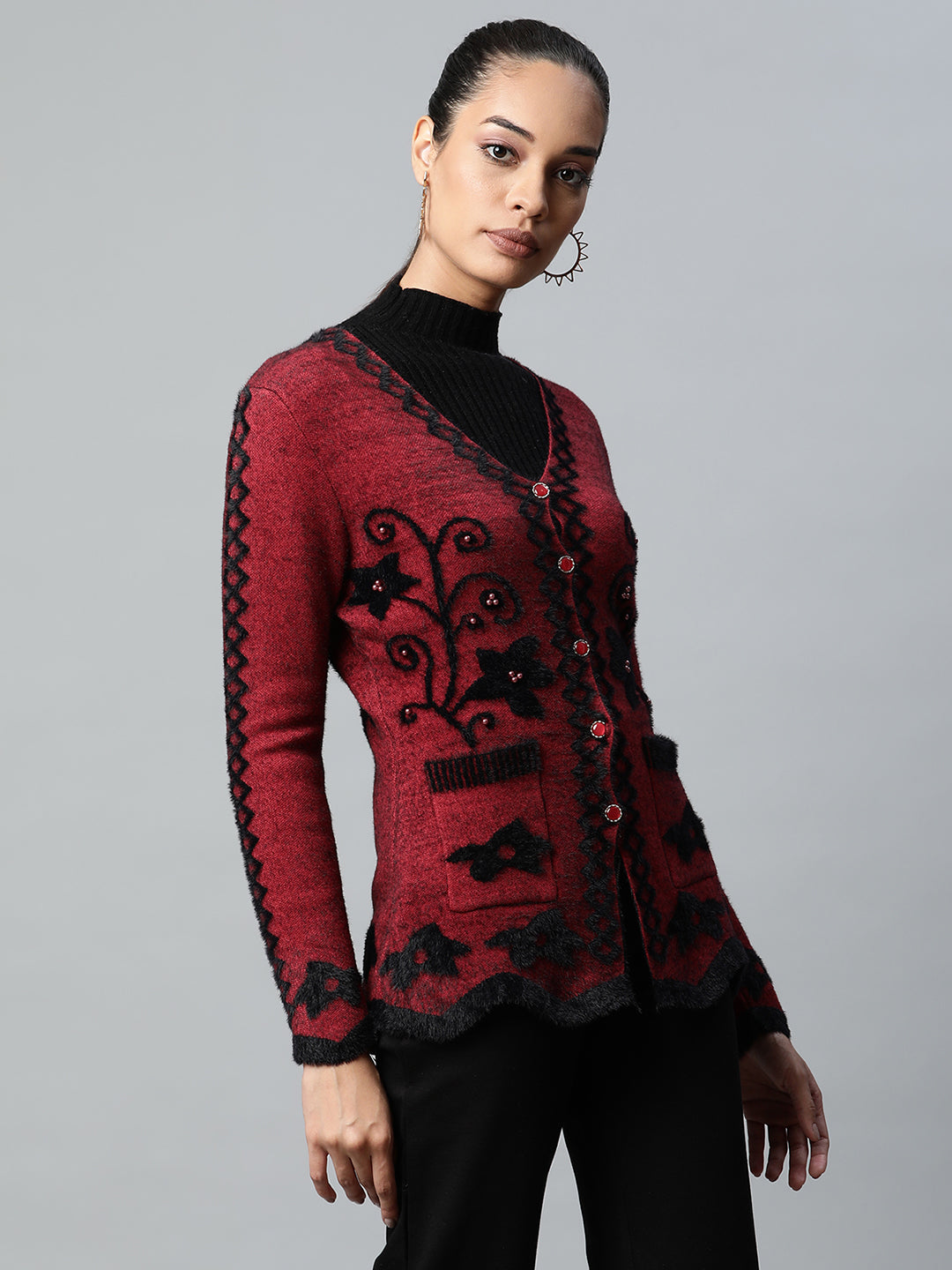 Women Maroon V-Neck Floral Pattern Furry Jersey Cardigan