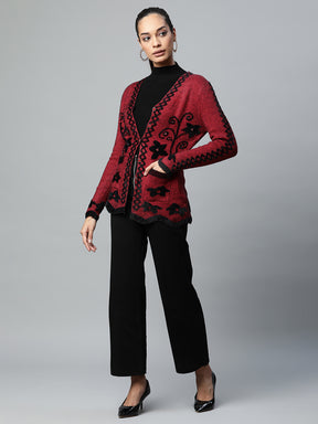 Women Maroon V-Neck Floral Pattern Furry Jersey Cardigan