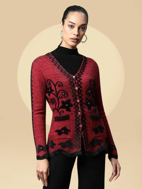 Women Maroon V-Neck Floral Pattern Furry Jersey Cardigan