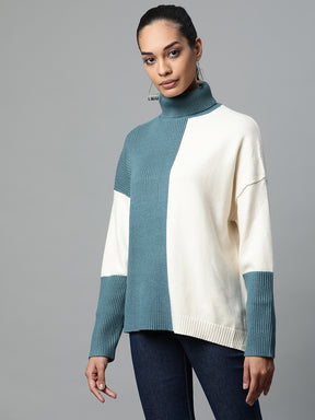 Women Teal & Off White Turtle Neck Loose Fit Viscose Pullover