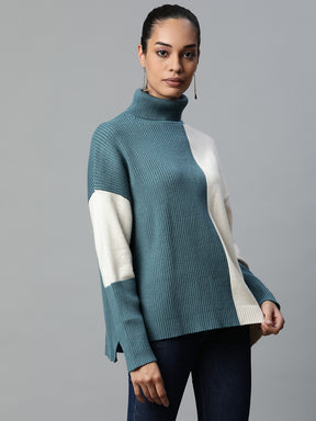 Women Teal & Off White Turtle Neck Loose Fit Viscose Pullover