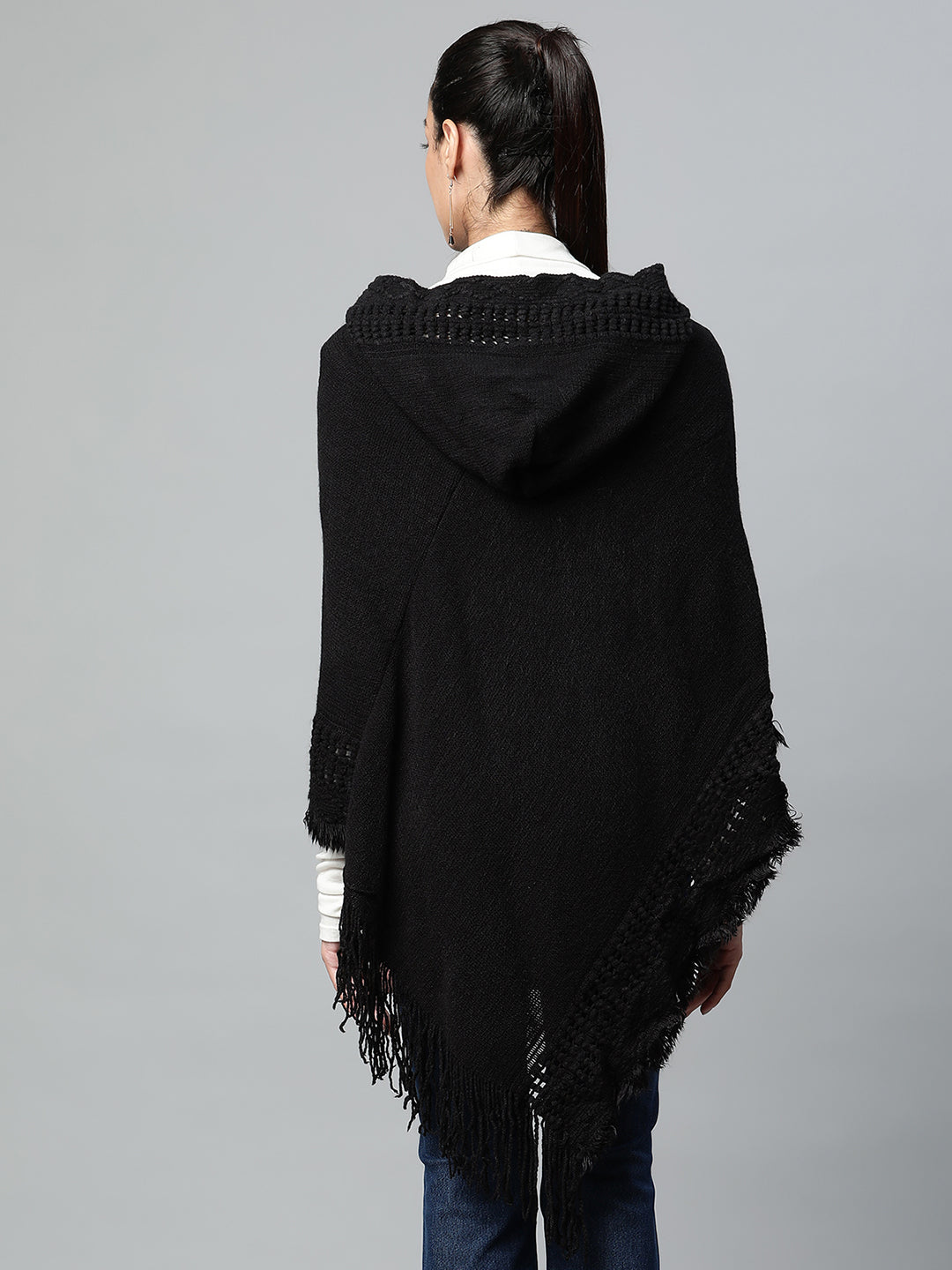 Women Black Hooded Lace-Up Asymmetric Poncho