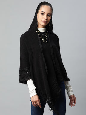 Women Black Hooded Lace-Up Asymmetric Poncho