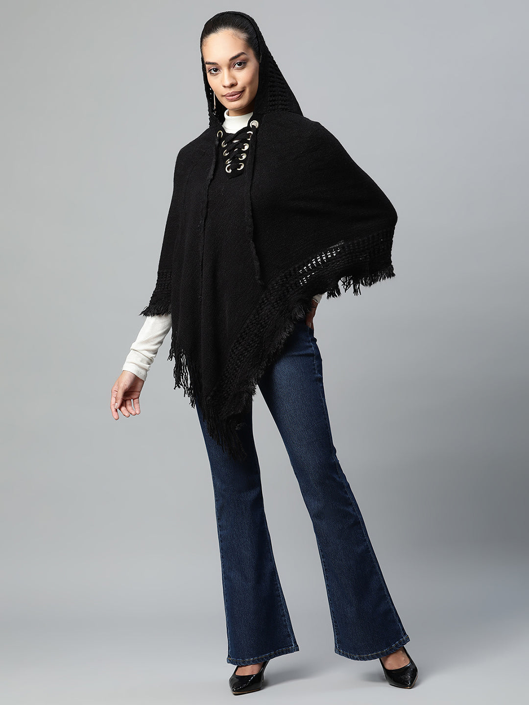 Women Black Hooded Lace-Up Asymmetric Poncho