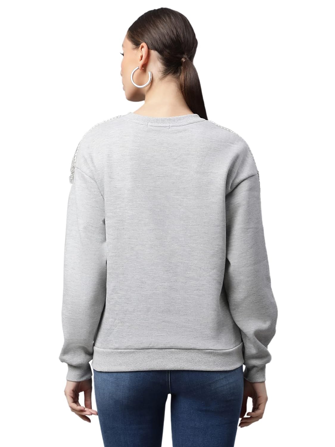 Grey Diamond Studded Shoulder Detail Relaxed Fit Fleece Sweatshirt