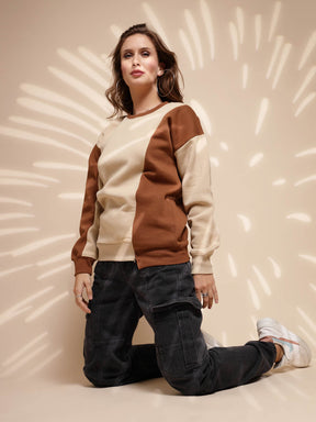 Beige Round Neck Hosiery Sweatshirt