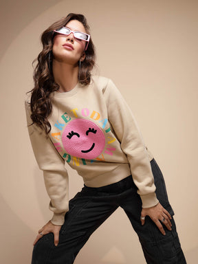 Beige Embroidered Round Neck Sweatshirt