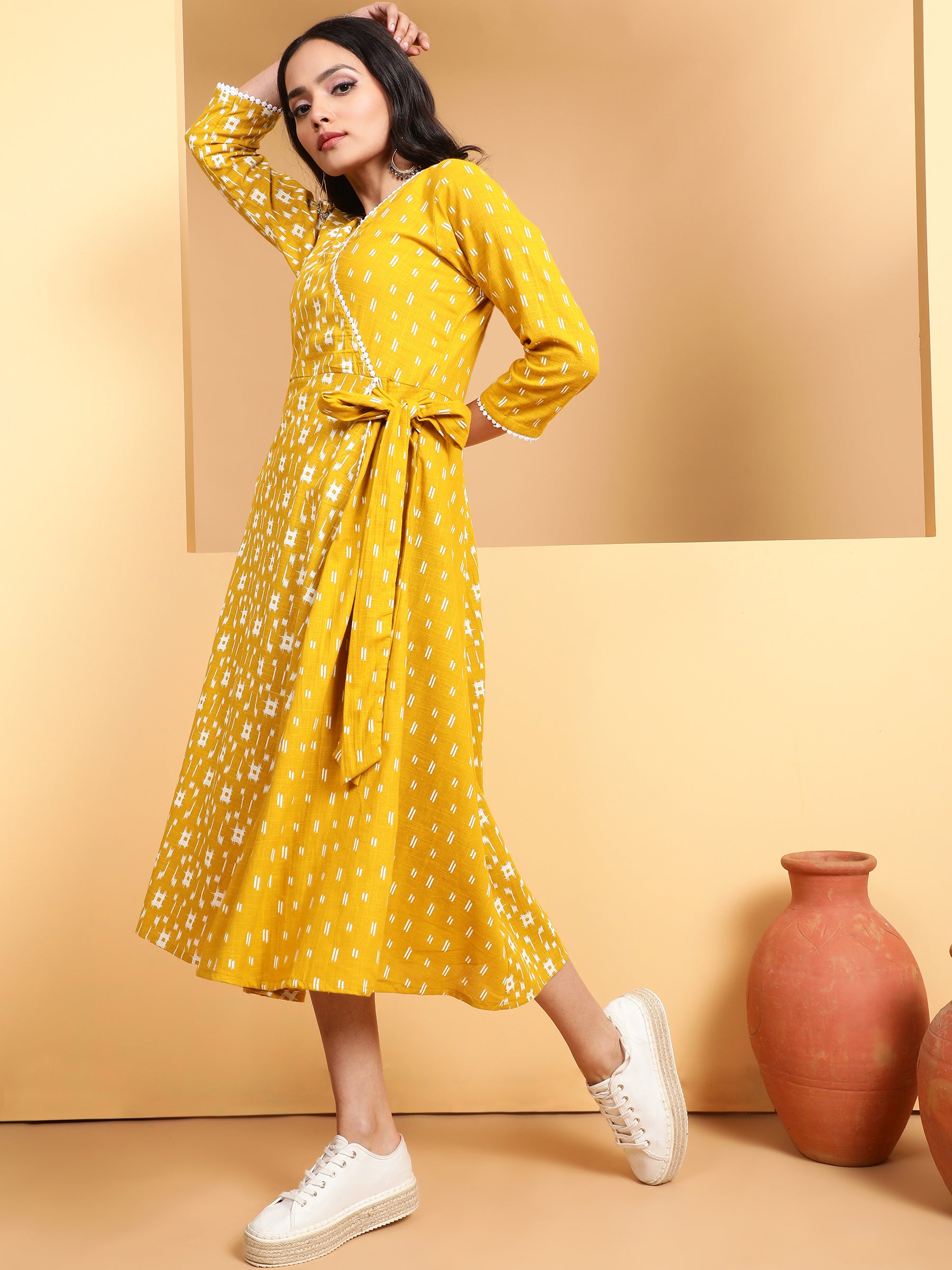 Women Mustard V-Neck Printed Dress