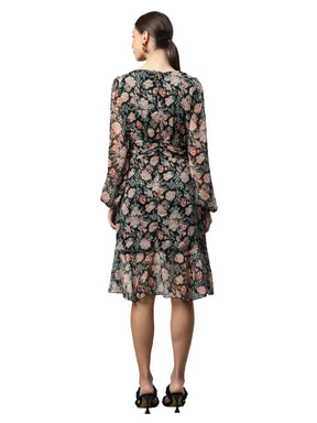 Women Black Floral Printed Asymmetric Hem Dress