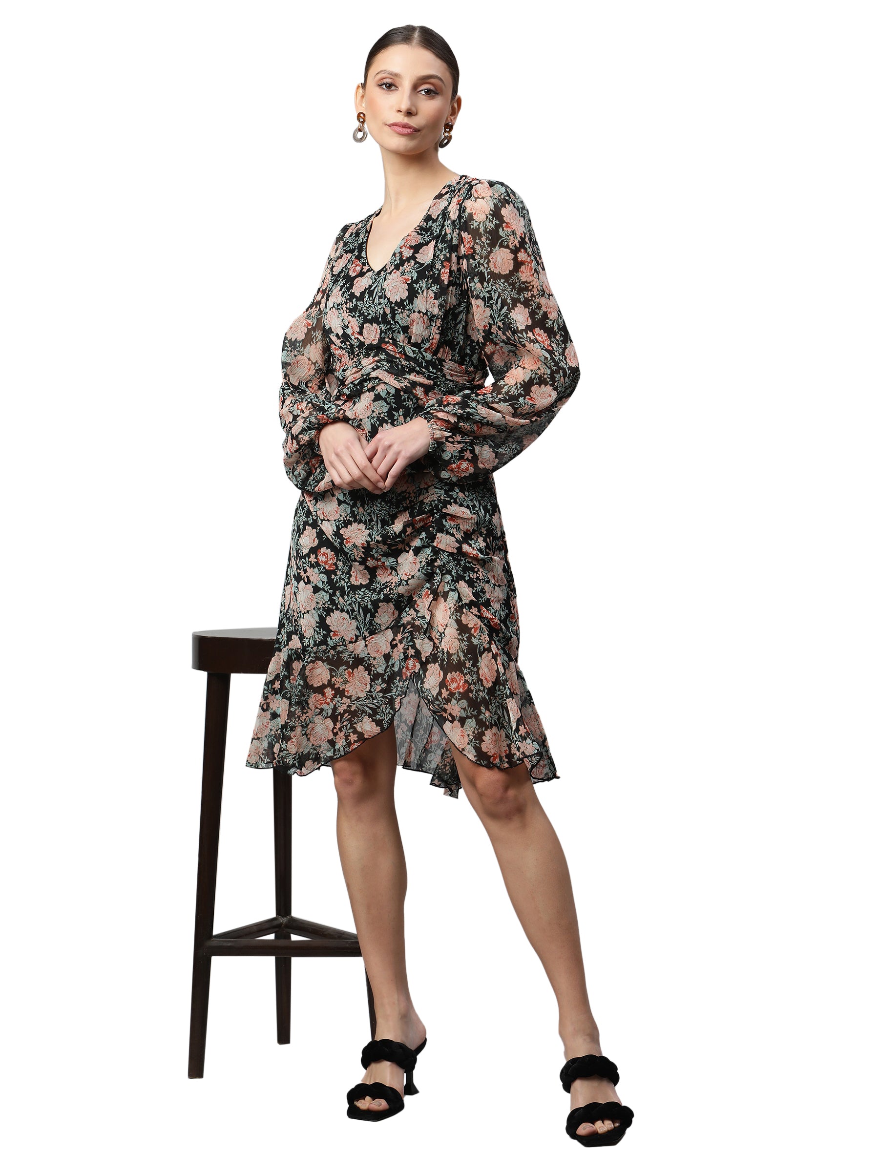 Women Black Floral Printed Asymmetric Hem Dress