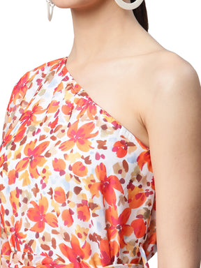 Women One-Shoulder Sunset Orange Floral Dress