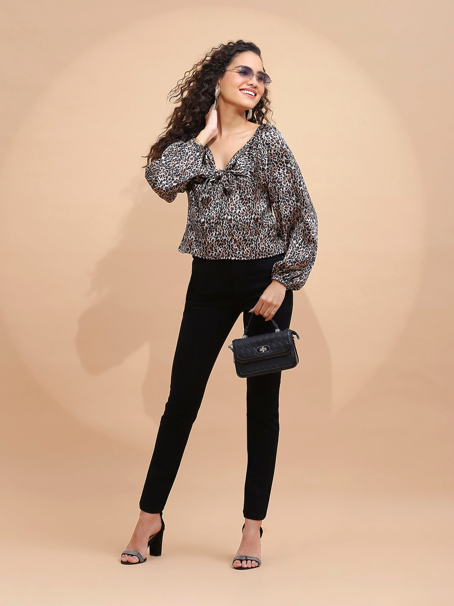 Women Leopard Printed Bishop Sleeves Brown Party Blouson Top