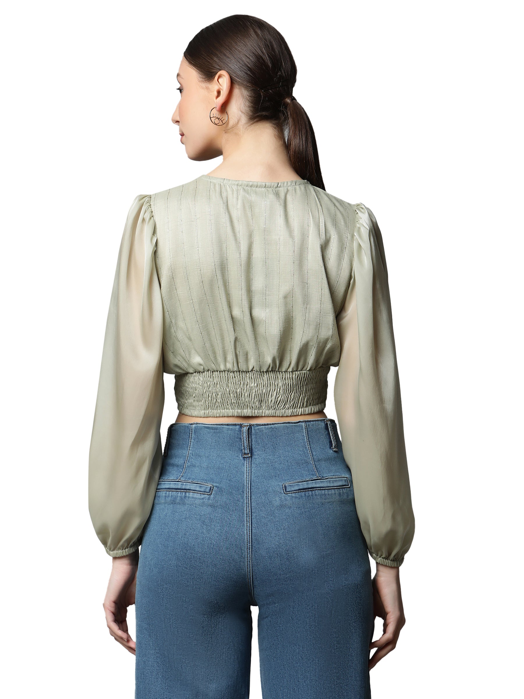 Women Light Green Puffed Sleeves Cropped Blouson Top