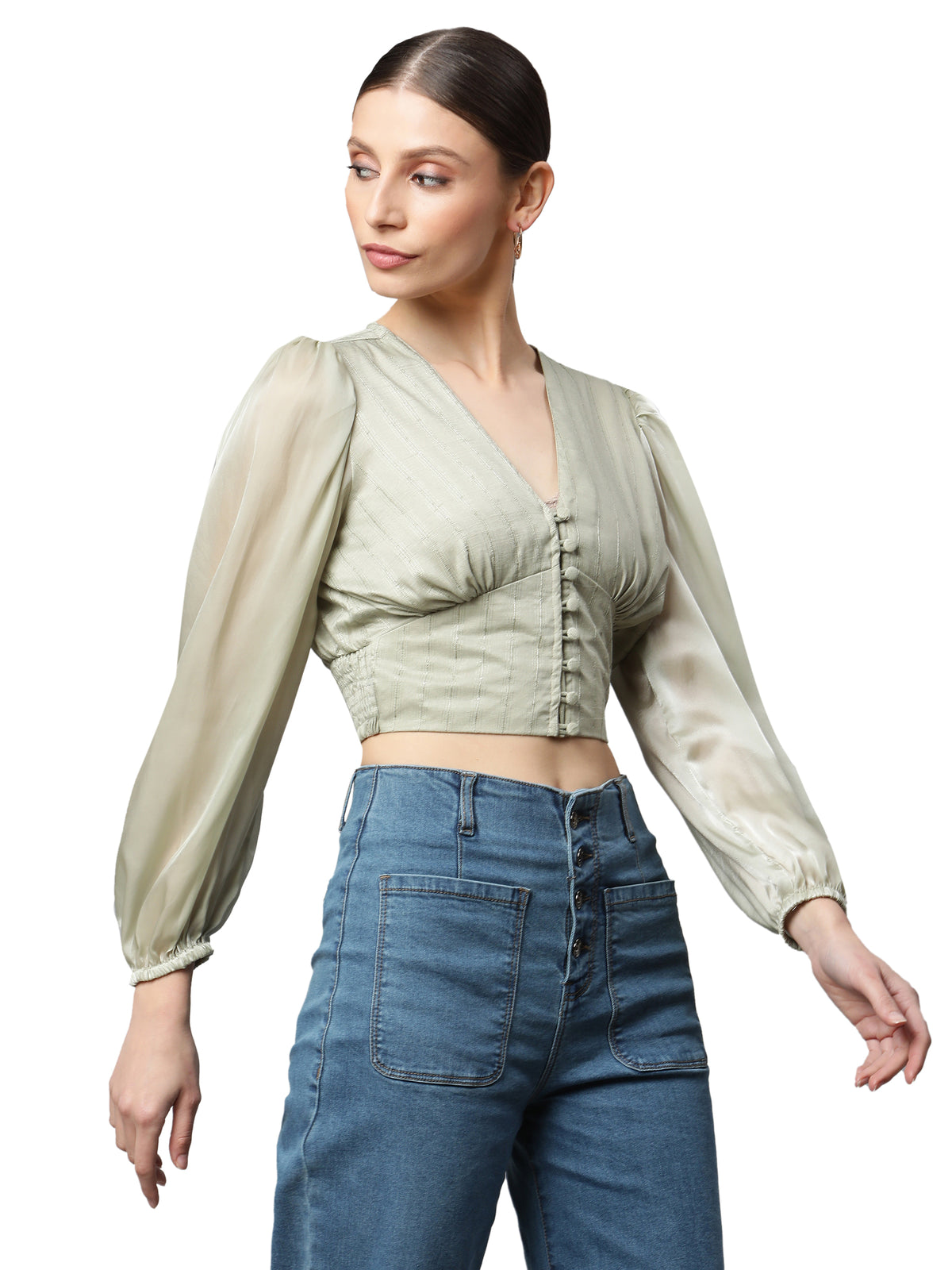 Women Light Green Puffed Sleeves Cropped Blouson Top