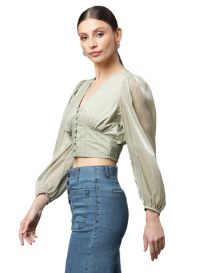 Women Light Green Puffed Sleeves Cropped Blouson Top