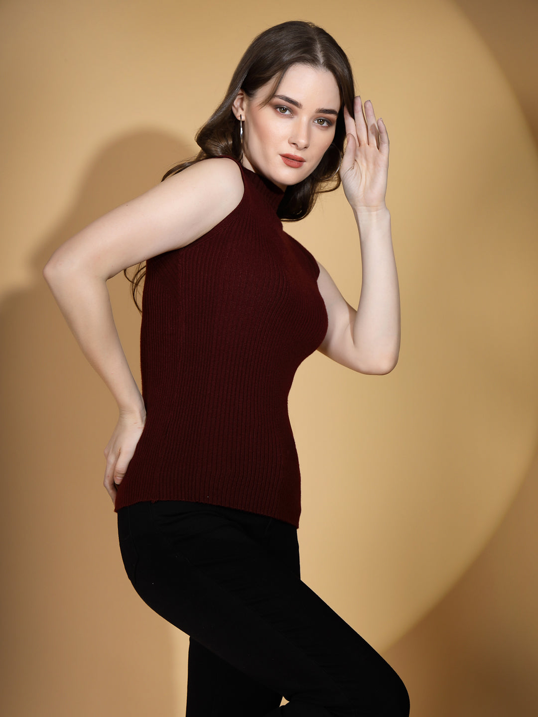 Wine Ultra Stretchable Crew Neck Solid Skivvy