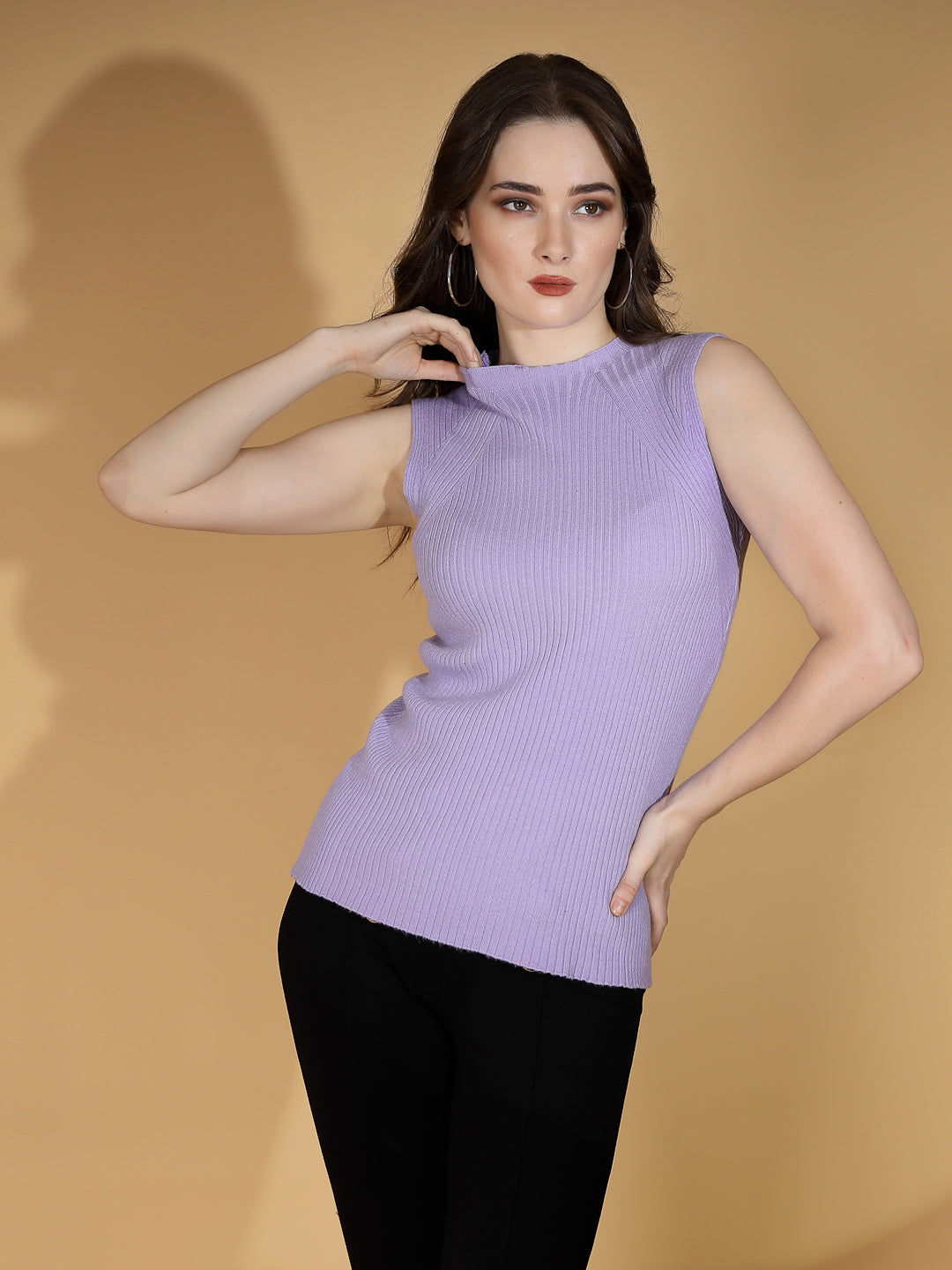 Women Lilac Round Neck Solid Skivvy