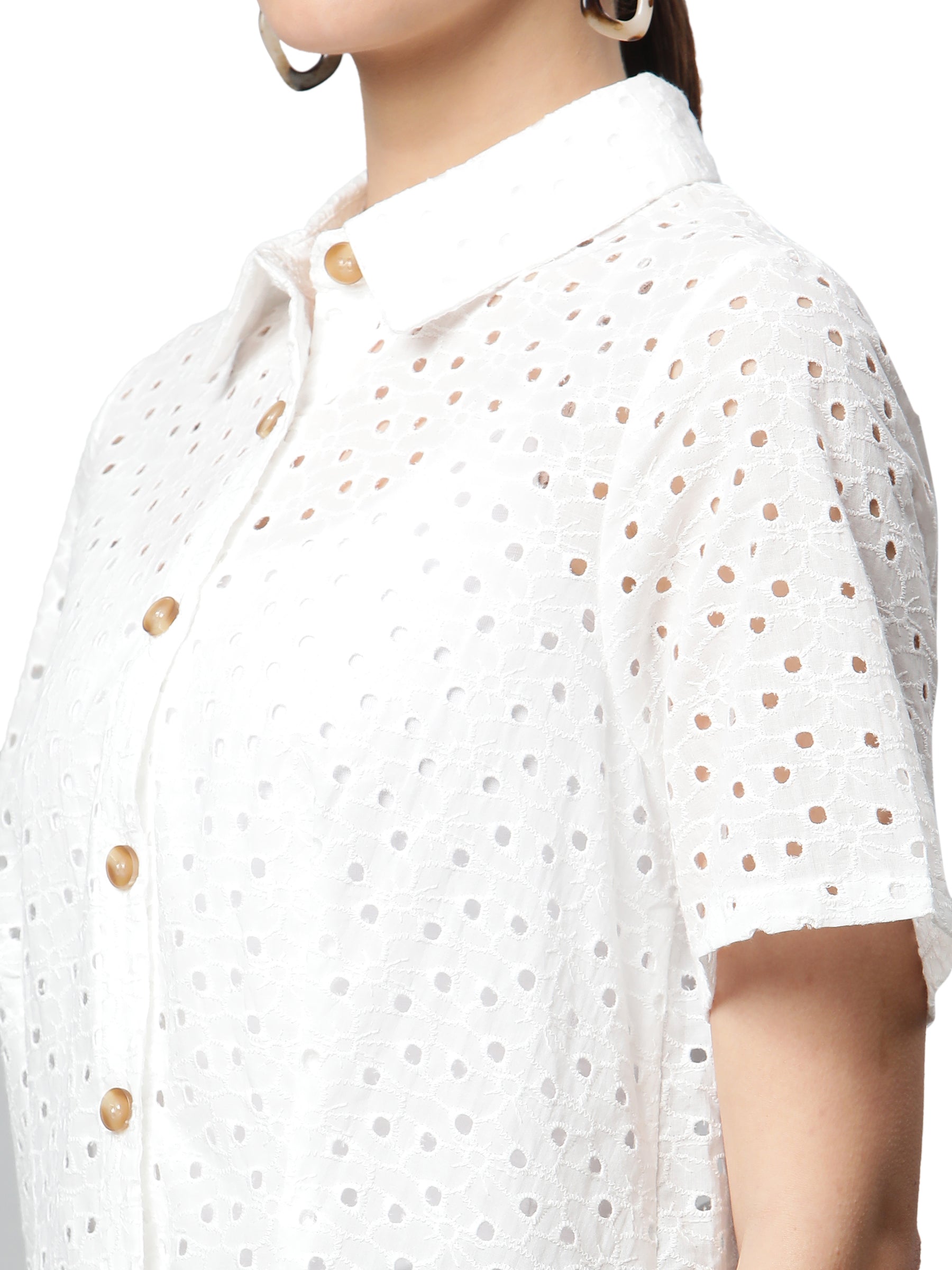 Women White Schiffli Embroidered Relaxed Fit Shirt