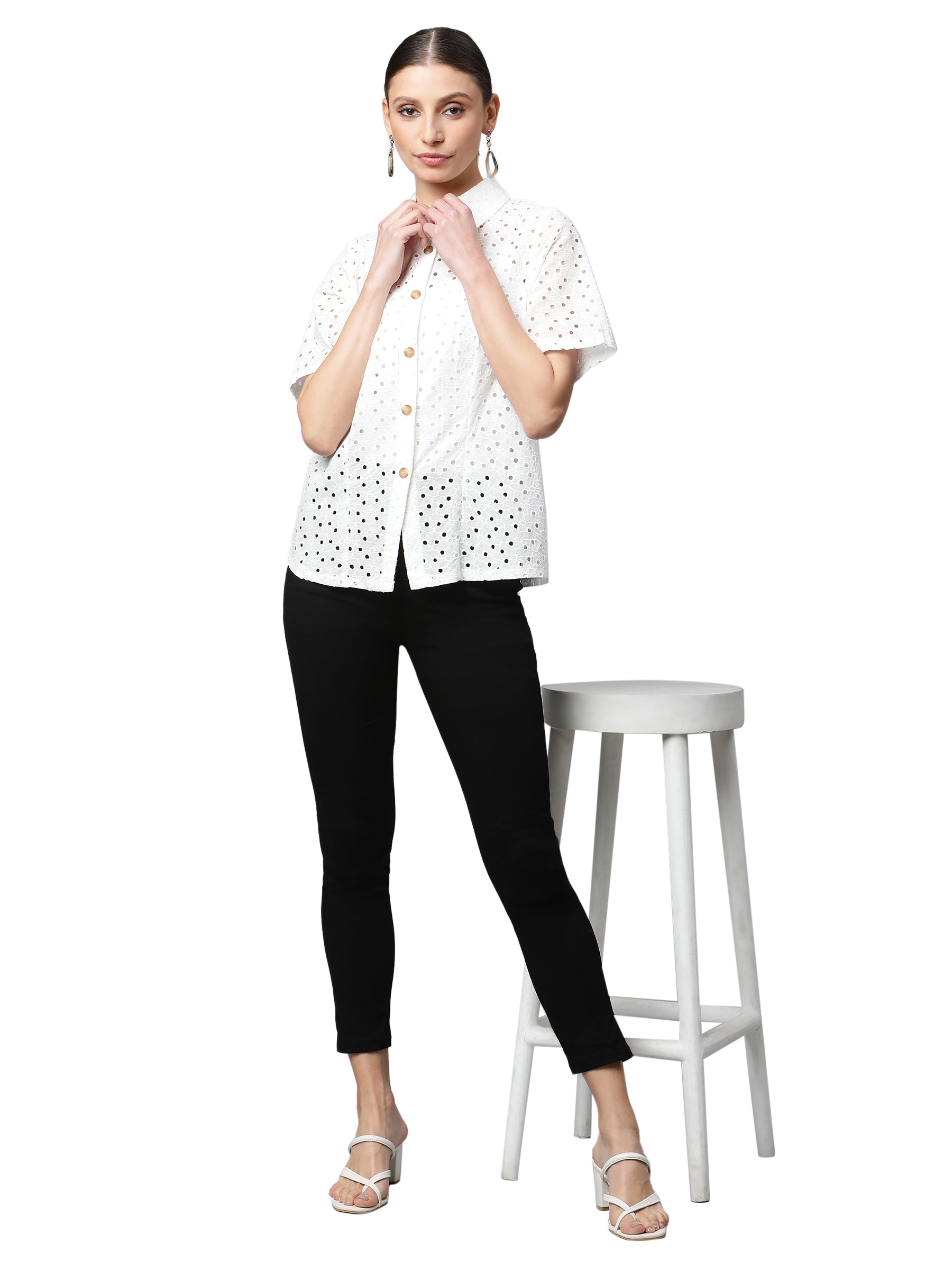 Women White Schiffli Embroidered Relaxed Fit Shirt