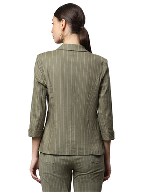 Women Olive Green & White Vertical Lines Formal Blazer