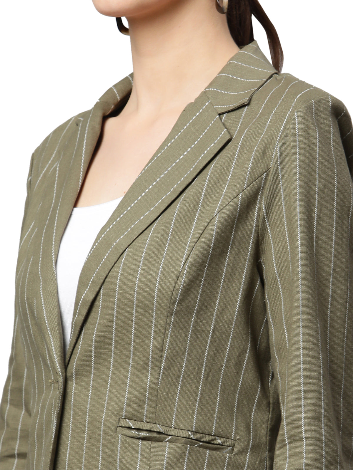 Women Olive Green & White Vertical Lines Formal Blazer