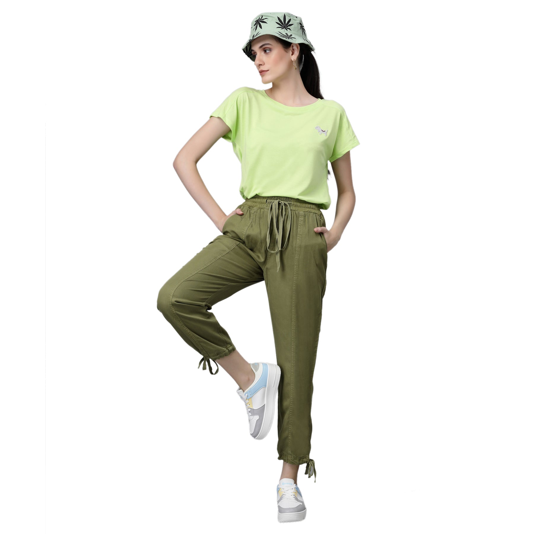 Women Olive Green Cotton Solid Lower