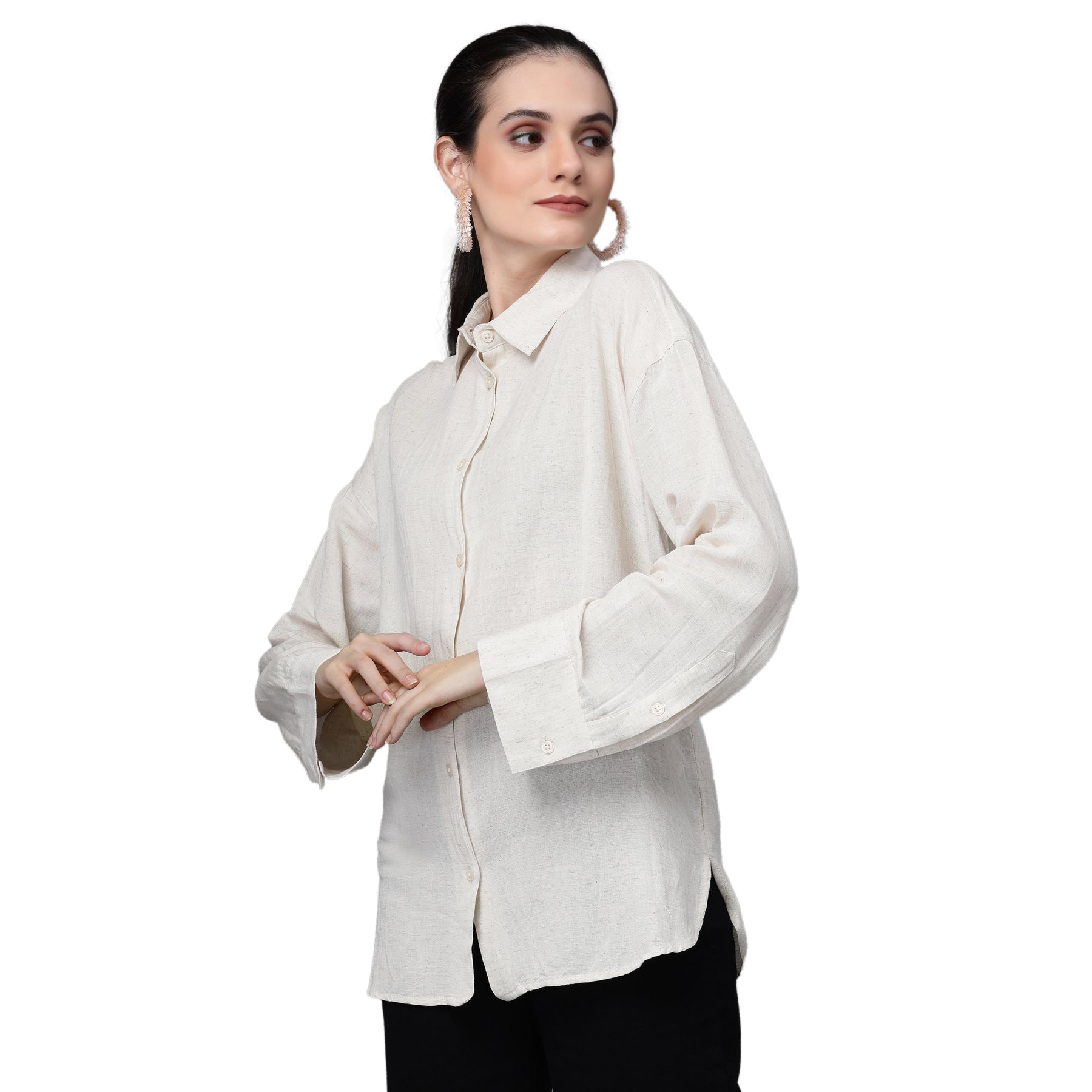 Women Natural Collar Neck Loose Fit Cotton Shirt