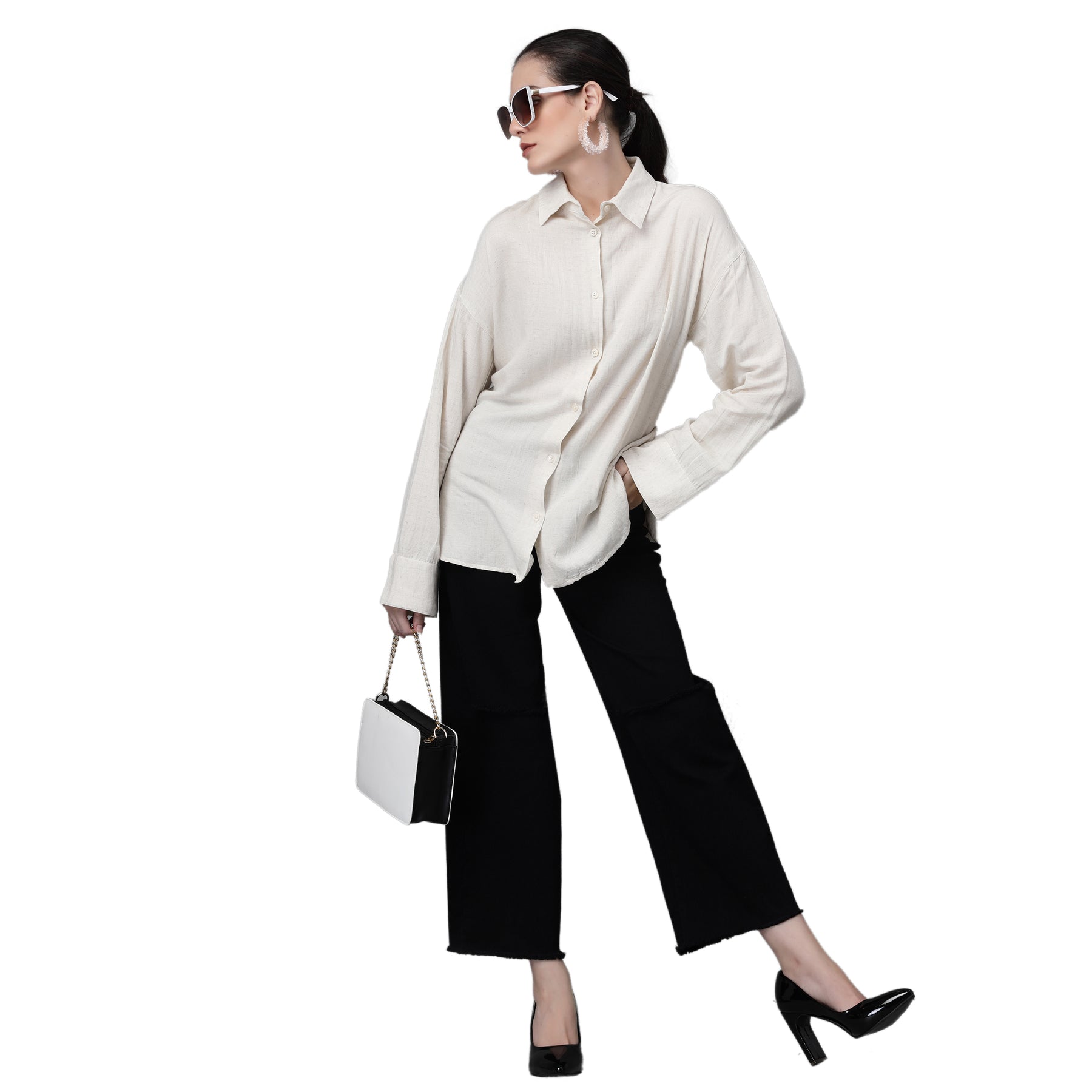 Women Natural Collar Neck Loose Fit Cotton Shirt