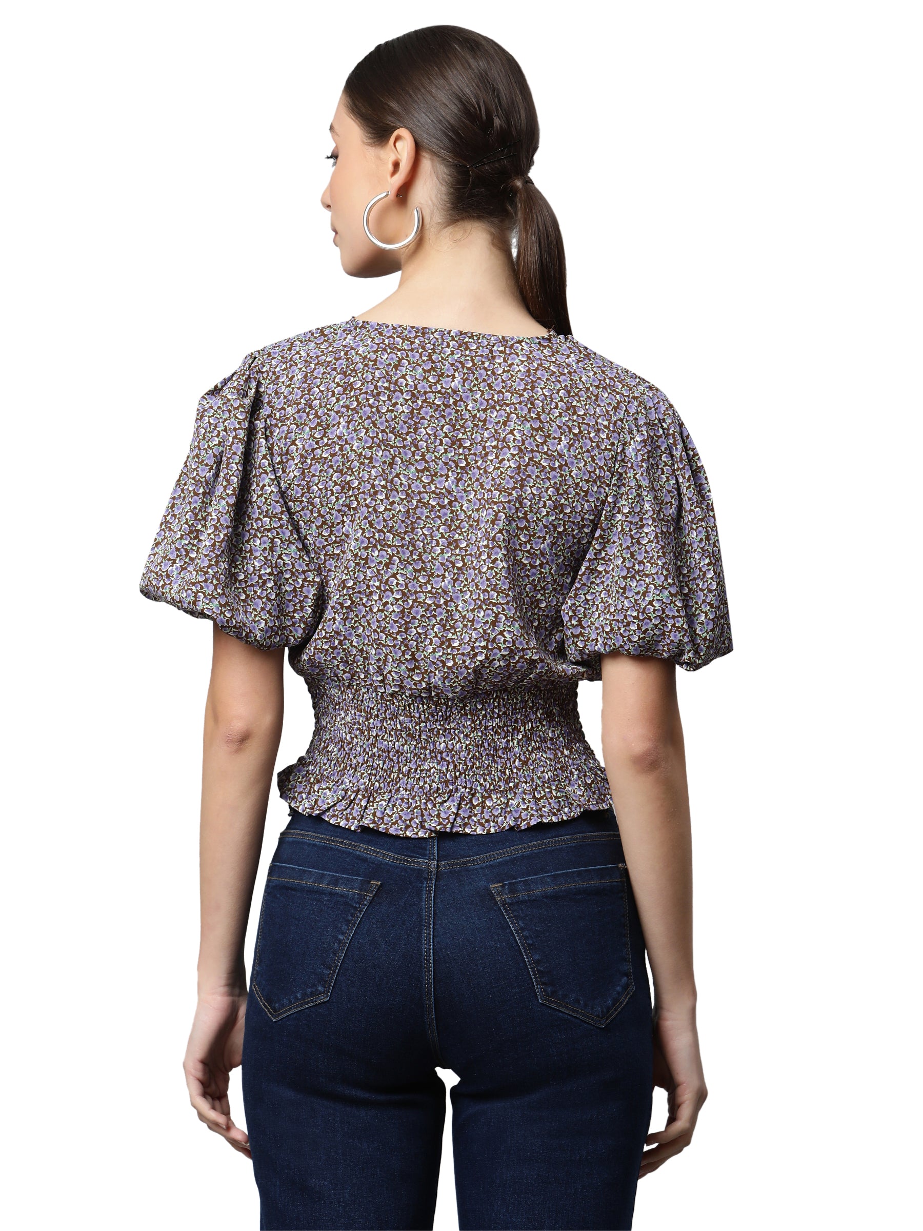 Women Elasticated Hem Floral Print Cropped Top