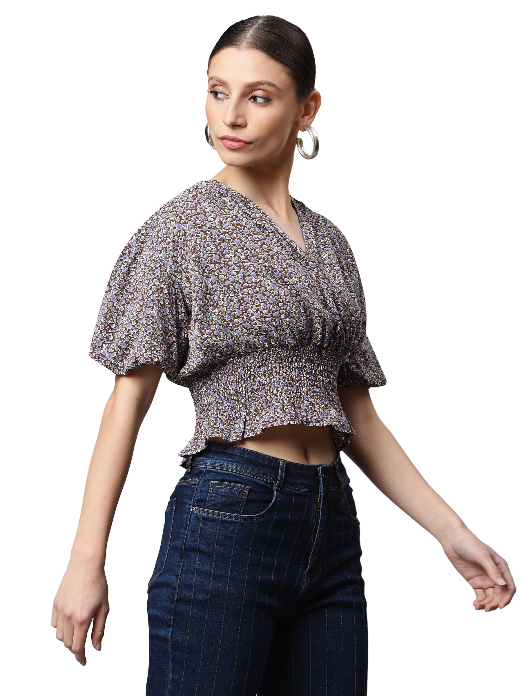 Women Elasticated Hem Floral Print Cropped Top