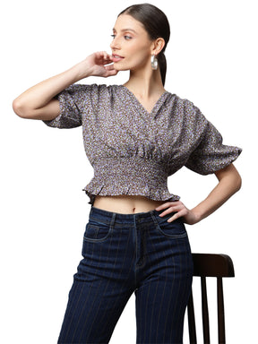 Women Elasticated Hem Floral Print Cropped Top