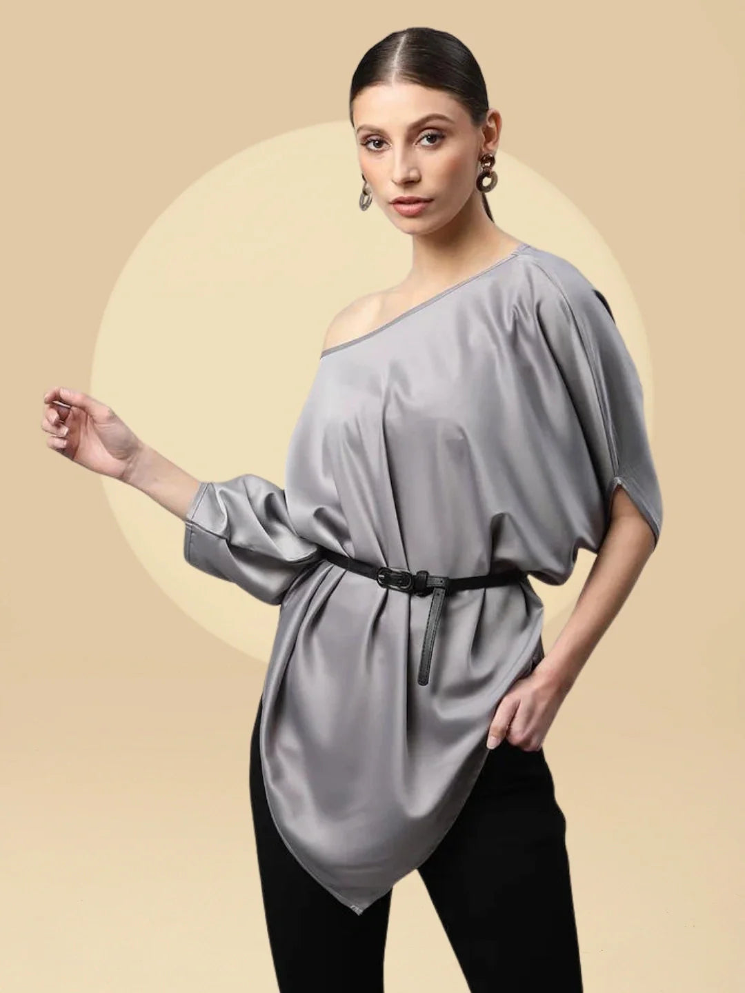 Women Satin Asymmetric Hem Off-Shoulder Top