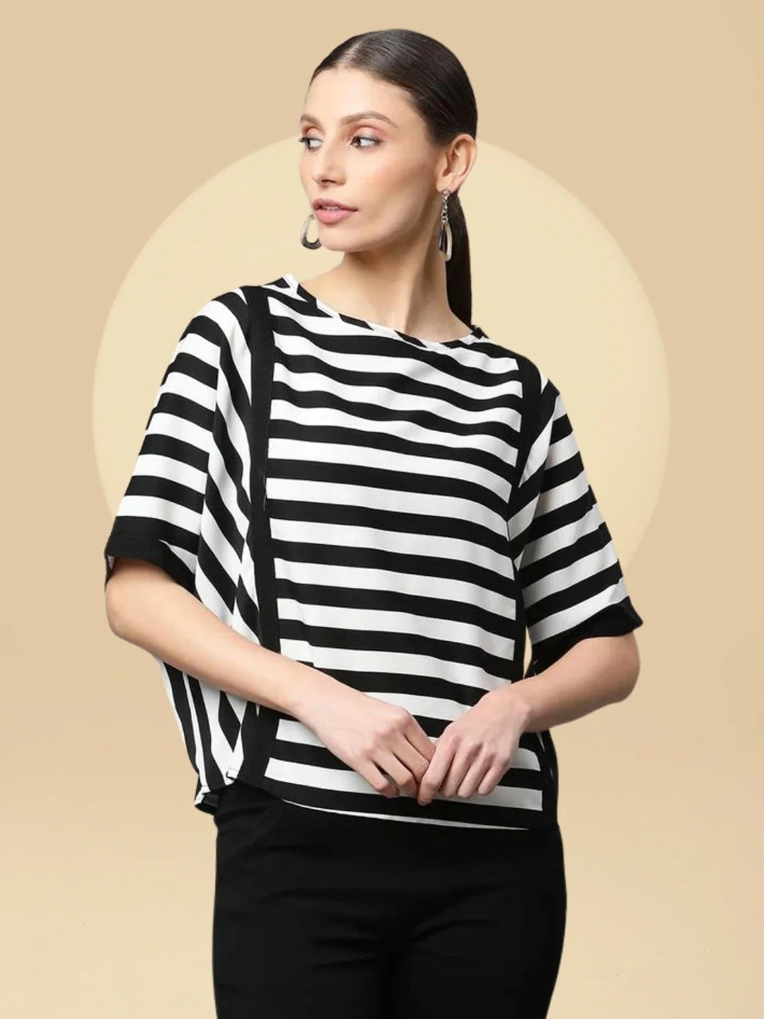 Women Regular Fit Black and White Striped Top