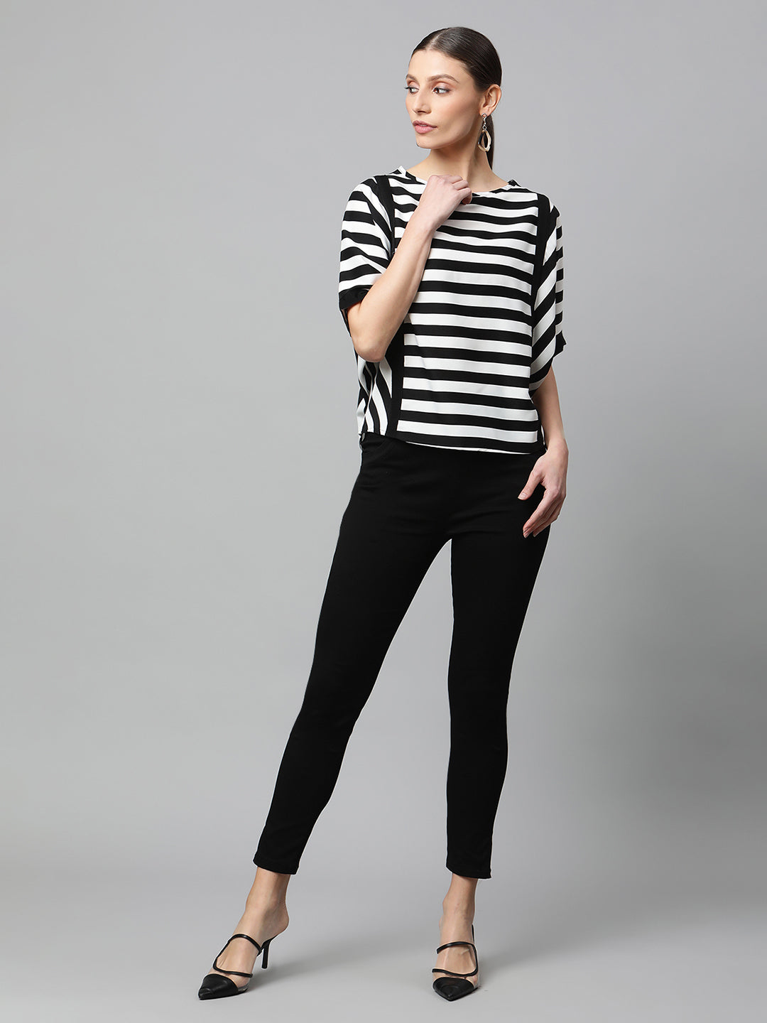 Women Regular Fit Black and White Striped Top