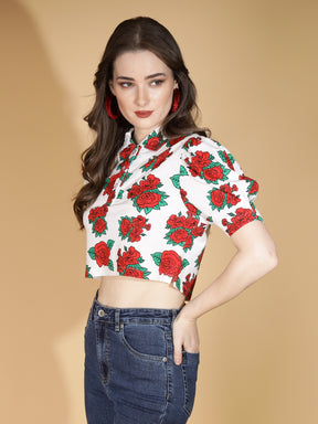 Women Collared Neck Floral Printed White Cropped Top