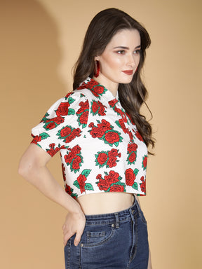 Women Collared Neck Floral Printed White Cropped Top