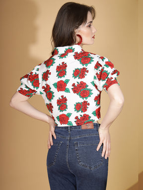 Women Collared Neck Floral Printed White Cropped Top