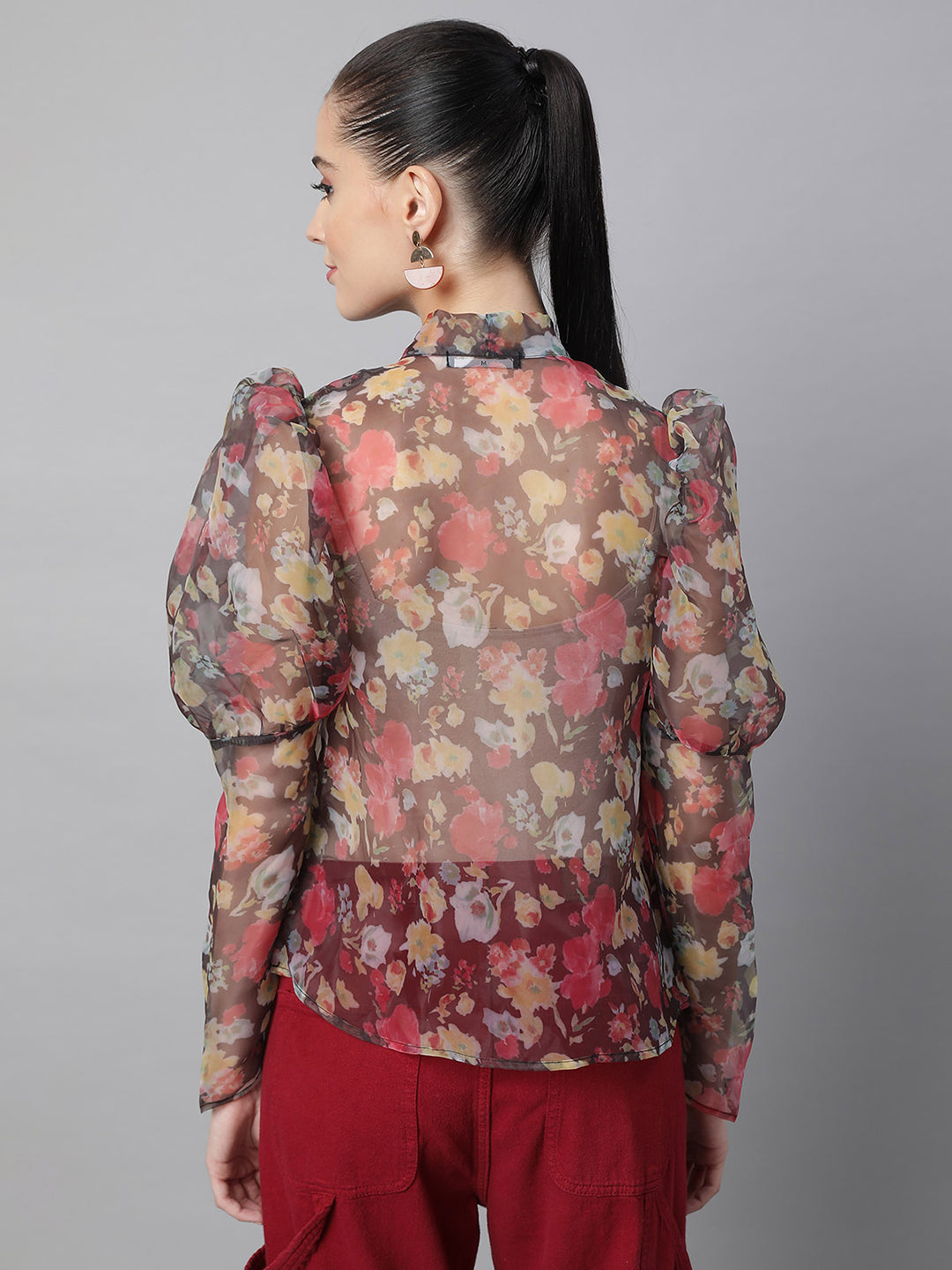 Women Puffed Sleeves Floral Printed Brown Blouson Top