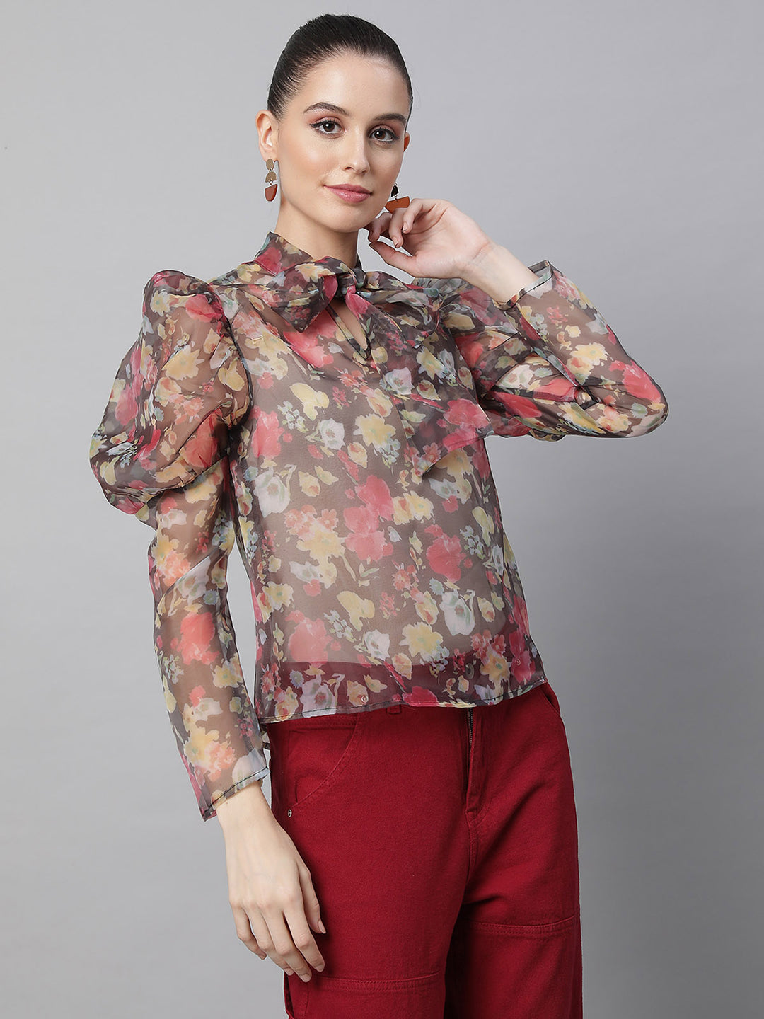 Women Puffed Sleeves Floral Printed Brown Blouson Top