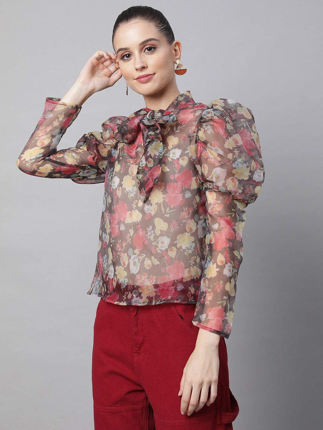 Women Puffed Sleeves Floral Printed Brown Blouson Top