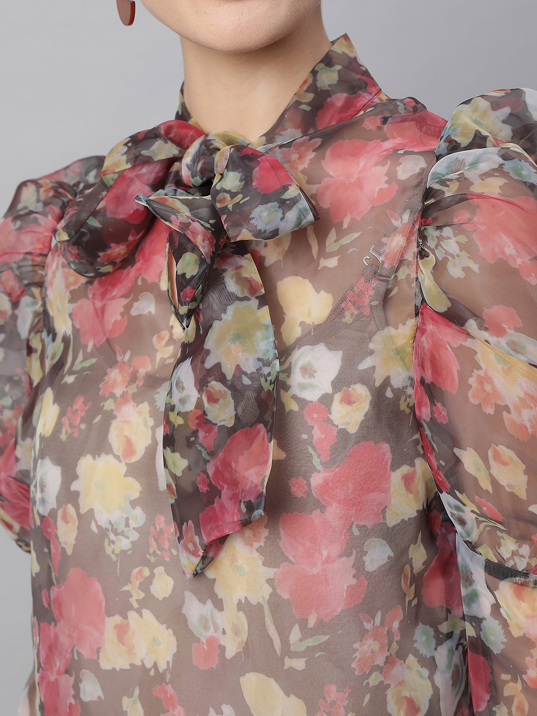 Women Puffed Sleeves Floral Printed Brown Blouson Top