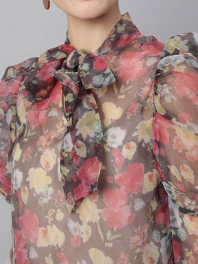 Women Puffed Sleeves Floral Printed Brown Blouson Top