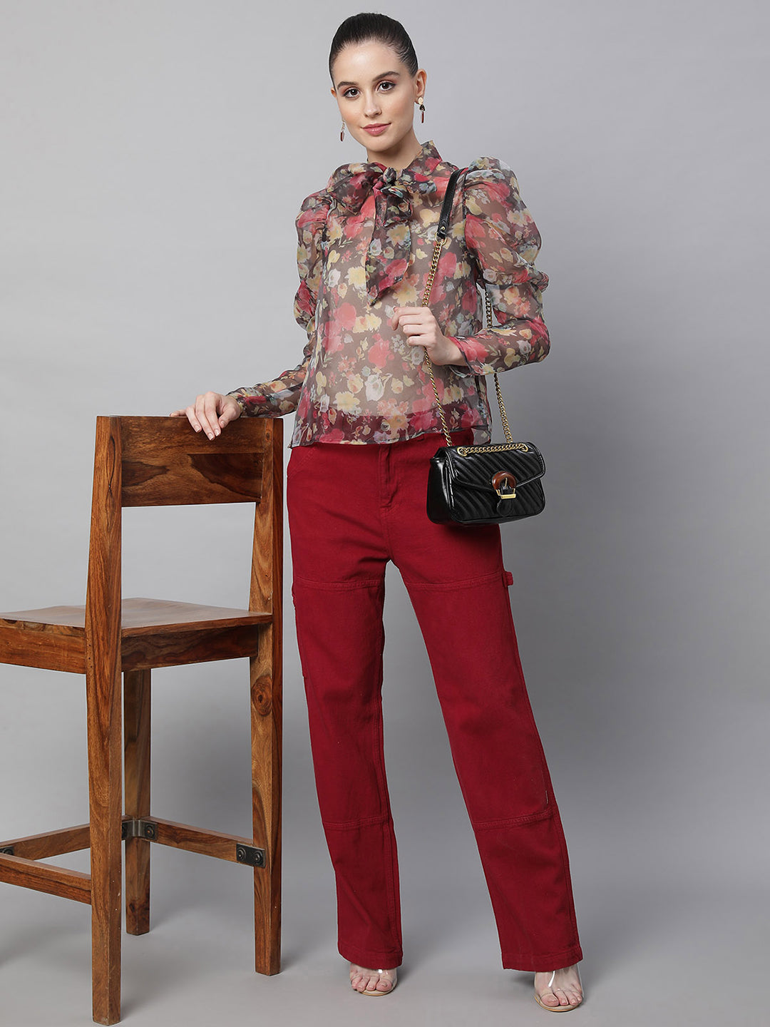 Women Puffed Sleeves Floral Printed Brown Blouson Top