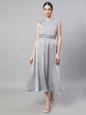 Women Grey Round Neck Sleeveless Dress