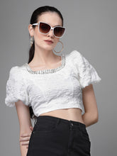 Women Square Neck Embroidered Cropped Blouson Top