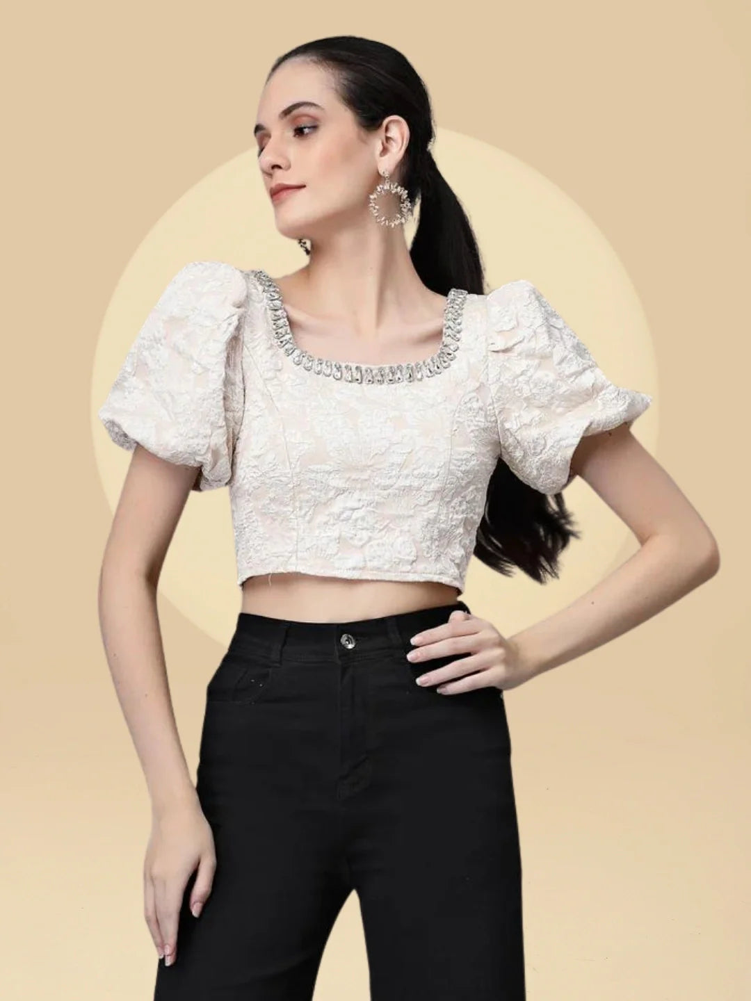 Women Square Neck Embroidered Cropped Blouson Top