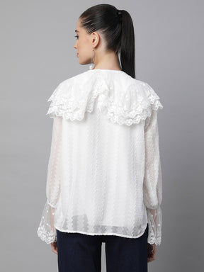 Women Loose Fit White Embroidered Lace Shirt