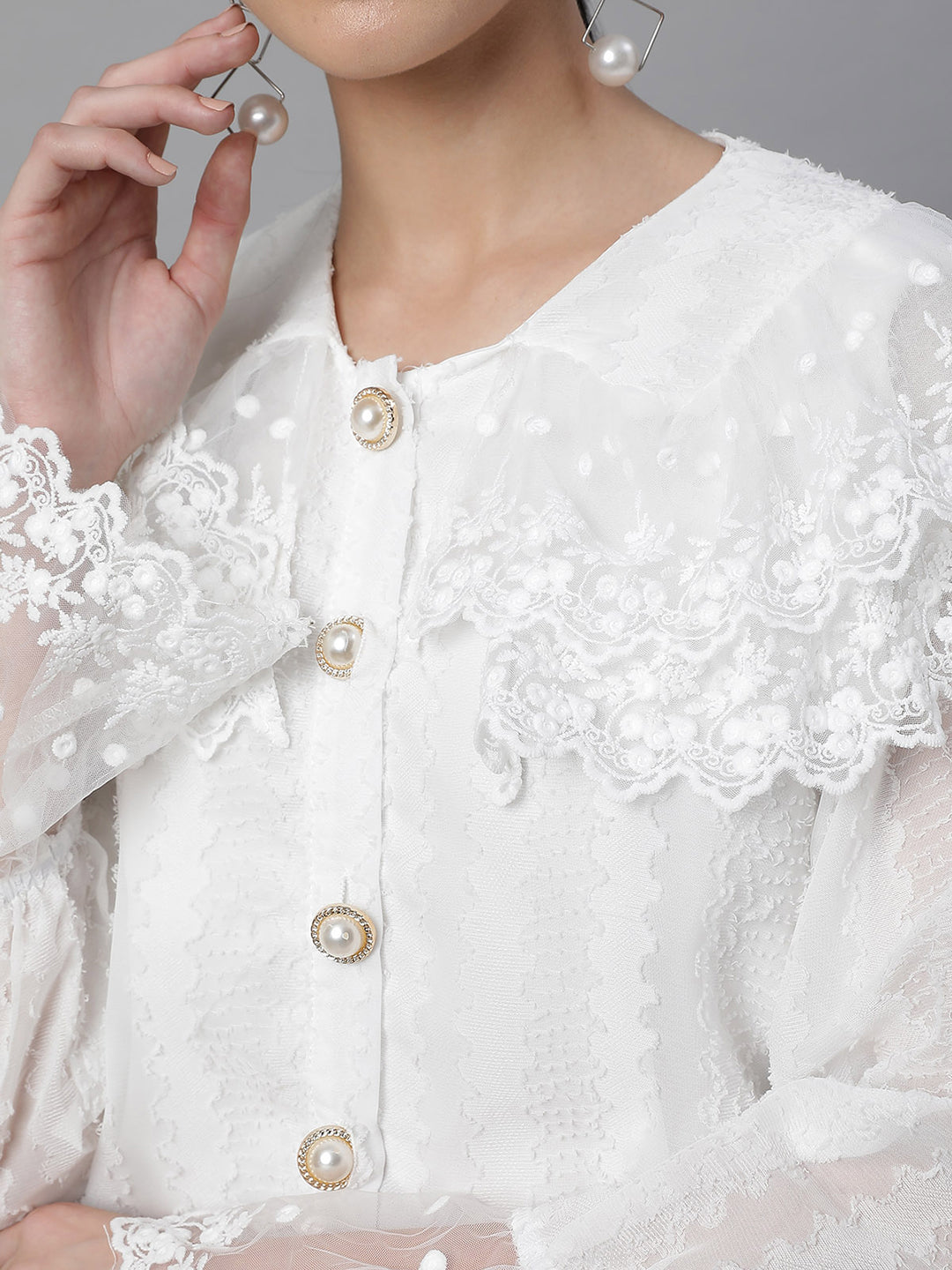 Women Loose Fit White Embroidered Lace Shirt